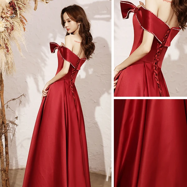 Chic / Beautiful Red Satin Dancing Prom Dresses 2021 A-Line / Princess Off-The-Shoulder Short Sleeve Beading Floor-Length / Long Ruffle Backless Formal Dresses