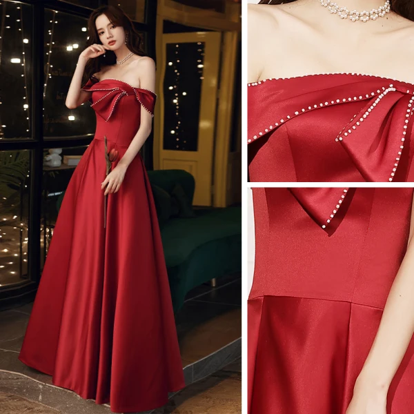 Chic / Beautiful Red Satin Dancing Prom Dresses 2021 A-Line / Princess Off-The-Shoulder Short Sleeve Beading Floor-Length / Long Ruffle Backless Formal Dresses