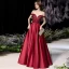 High-end Burgundy Satin Dancing Prom Dresses 2021 A-Line / Princess Off-The-Shoulder Short Sleeve Beading Floor-Length / Long Ruffle Backless Formal Dresses