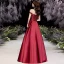 High-end Burgundy Satin Dancing Prom Dresses 2021 A-Line / Princess Off-The-Shoulder Short Sleeve Beading Floor-Length / Long Ruffle Backless Formal Dresses