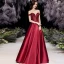 High-end Burgundy Satin Dancing Prom Dresses 2021 A-Line / Princess Off-The-Shoulder Short Sleeve Beading Floor-Length / Long Ruffle Backless Formal Dresses