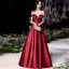 High-end Burgundy Satin Dancing Prom Dresses 2021 A-Line / Princess Off-The-Shoulder Short Sleeve Beading Floor-Length / Long Ruffle Backless Formal Dresses