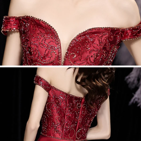 High-end Burgundy Satin Dancing Prom Dresses 2021 A-Line / Princess Off-The-Shoulder Short Sleeve Beading Floor-Length / Long Ruffle Backless Formal Dresses