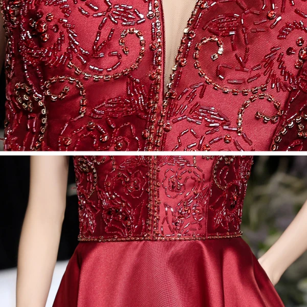 High-end Burgundy Satin Dancing Prom Dresses 2021 A-Line / Princess Off-The-Shoulder Short Sleeve Beading Floor-Length / Long Ruffle Backless Formal Dresses