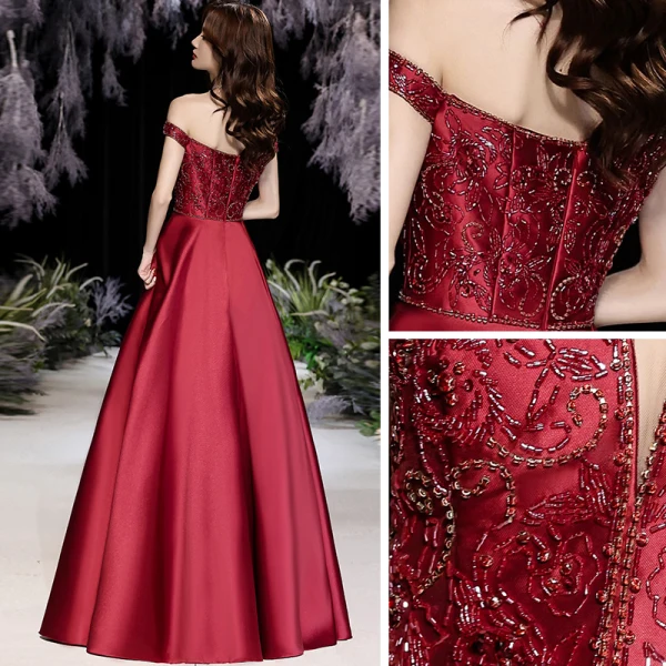 High-end Burgundy Satin Dancing Prom Dresses 2021 A-Line / Princess Off-The-Shoulder Short Sleeve Beading Floor-Length / Long Ruffle Backless Formal Dresses