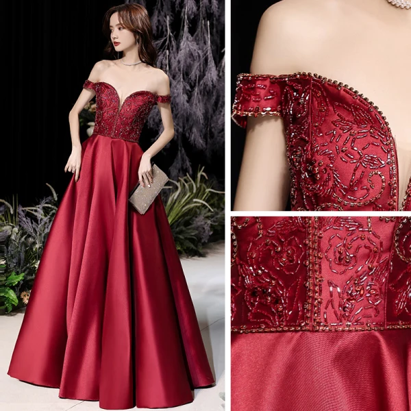 High-end Burgundy Satin Dancing Prom Dresses 2021 A-Line / Princess Off-The-Shoulder Short Sleeve Beading Floor-Length / Long Ruffle Backless Formal Dresses