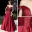 High-end Burgundy Satin Dancing Prom Dresses 2021 A-Line / Princess Off-The-Shoulder Short Sleeve Beading Floor-Length / Long Ruffle Backless Formal Dresses