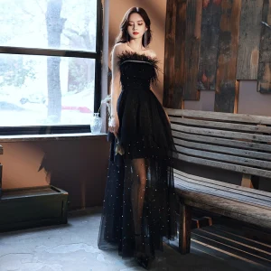 Mode Noire Été Robe De Bal 2021 Princesse Bustier Sans Manches Plumes Faux Diamant Perlage Perle Glitter Tulle Longue Volants Dos Nu Robe De Ceremonie