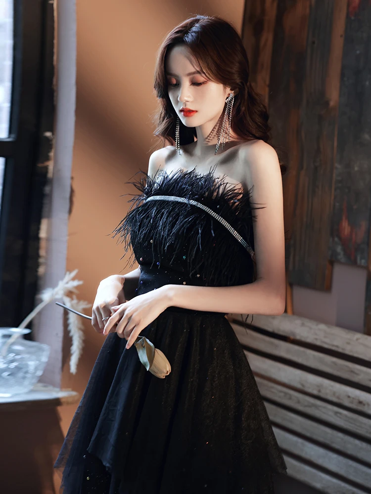 Fashion Black Summer Prom Dresses 2021 A Line Princess Strapless Sleeveless  Feather Rhinestone Beading Pearl Glitter Tulle Floor Length Long Ruffle  Backless Formal Dresses