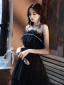 Fashion Black Summer Prom Dresses 2021 A-Line / Princess Strapless Sleeveless Feather Rhinestone Beading Pearl Glitter Tulle Floor-Length / Long Ruffle Backless Formal Dresses