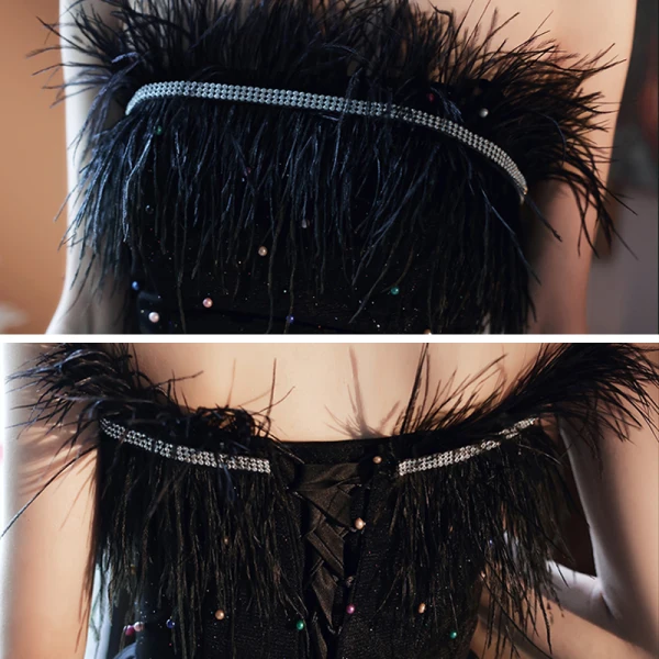 Fashion Black Summer Prom Dresses 2021 A-Line / Princess Strapless Sleeveless Feather Rhinestone Beading Pearl Glitter Tulle Floor-Length / Long Ruffle Backless Formal Dresses