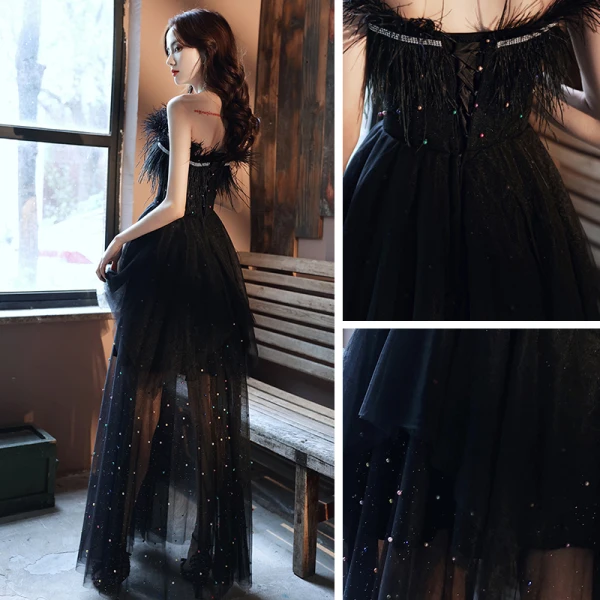 Fashion Black Summer Prom Dresses 2021 A-Line / Princess Strapless Sleeveless Feather Rhinestone Beading Pearl Glitter Tulle Floor-Length / Long Ruffle Backless Formal Dresses