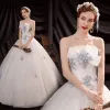 Affordable White Outdoor / Garden Wedding Dresses 2021 Ball Gown Strapless Sleeveless Backless Appliques Lace Beading Floor-Length / Long Ruffle
