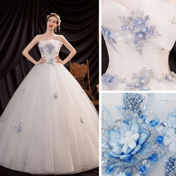 Affordable White Outdoor / Garden Wedding Dresses 2021 Ball Gown Strapless Sleeveless Backless Appliques Lace Beading Floor-Length / Long Ruffle