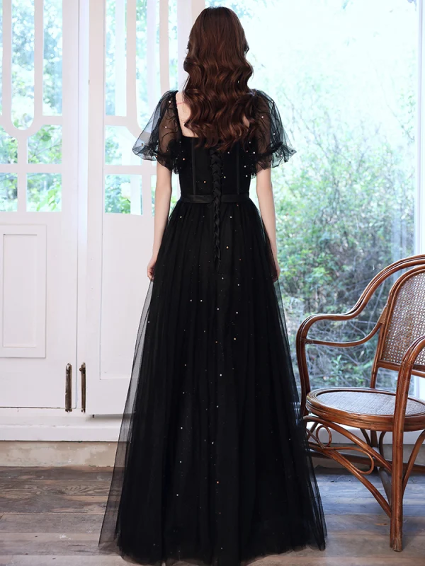Victorian Style Black Dancing Prom Dresses 2021 A-Line / Princess Square Neckline Puffy Short Sleeve Beading Pearl Glitter Tulle Floor-Length / Long Ruffle Backless Formal Dresses