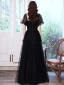 Victorian Style Black Dancing Prom Dresses 2021 A-Line / Princess Square Neckline Puffy Short Sleeve Beading Pearl Glitter Tulle Floor-Length / Long Ruffle Backless Formal Dresses