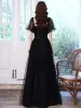 Style Victorien Noire Dansant Robe De Bal 2021 Princesse Encolure Carrée Gonflée Manches Courtes Perlage Perle Glitter Tulle Longue Volants Dos Nu Robe De Ceremonie