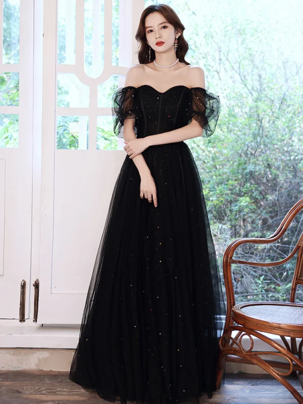 Victorian Style Black Dancing Prom Dresses 2021 A-Line / Princess Square Neckline Puffy Short Sleeve Beading Pearl Glitter Tulle Floor-Length / Long Ruffle Backless Formal Dresses