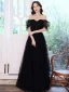 Victorian Style Black Dancing Prom Dresses 2021 A-Line / Princess Square Neckline Puffy Short Sleeve Beading Pearl Glitter Tulle Floor-Length / Long Ruffle Backless Formal Dresses