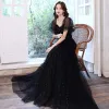 Victorian Style Black Dancing Prom Dresses 2021 A-Line / Princess Square Neckline Puffy Short Sleeve Beading Pearl Glitter Tulle Floor-Length / Long Ruffle Backless Formal Dresses
