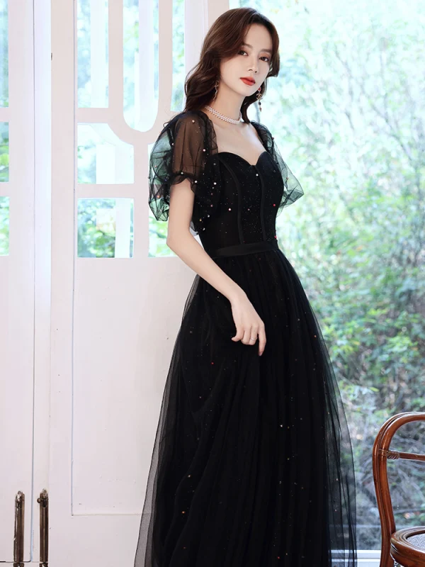 Victorian Style Black Dancing Prom Dresses 2021 A-Line / Princess Square Neckline Puffy Short Sleeve Beading Pearl Glitter Tulle Floor-Length / Long Ruffle Backless Formal Dresses