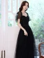 Victorian Style Black Dancing Prom Dresses 2021 A-Line / Princess Square Neckline Puffy Short Sleeve Beading Pearl Glitter Tulle Floor-Length / Long Ruffle Backless Formal Dresses