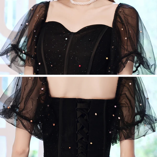 Victorian Style Black Dancing Prom Dresses 2021 A-Line / Princess Square Neckline Puffy Short Sleeve Beading Pearl Glitter Tulle Floor-Length / Long Ruffle Backless Formal Dresses