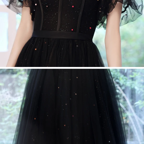 Victorian Style Black Dancing Prom Dresses 2021 A-Line / Princess Square Neckline Puffy Short Sleeve Beading Pearl Glitter Tulle Floor-Length / Long Ruffle Backless Formal Dresses