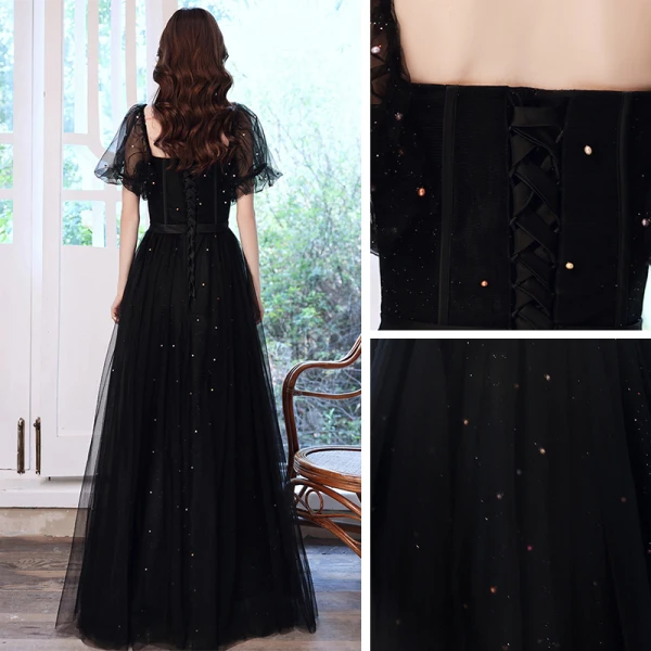 Victorian Style Black Dancing Prom Dresses 2021 A-Line / Princess Square Neckline Puffy Short Sleeve Beading Pearl Glitter Tulle Floor-Length / Long Ruffle Backless Formal Dresses