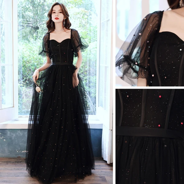 Victorian Style Black Dancing Prom Dresses 2021 A-Line / Princess Square Neckline Puffy Short Sleeve Beading Pearl Glitter Tulle Floor-Length / Long Ruffle Backless Formal Dresses