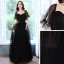 Victorian Style Black Dancing Prom Dresses 2021 A-Line / Princess Square Neckline Puffy Short Sleeve Beading Pearl Glitter Tulle Floor-Length / Long Ruffle Backless Formal Dresses