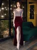 Sexy Burgundy Velour Evening Dresses  2021 Trumpet / Mermaid V-Neck Sleeveless Rhinestone Split Front Floor-Length / Long Ruffle Backless Formal Dresses