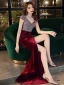 Sexy Bordeaux Velour Robe De Soirée 2021 Trompette / Sirène V-Cou Sans Manches Faux Diamant Fendue devant Longue Volants Dos Nu Robe De Ceremonie