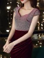 Sexy Bordeaux Velour Robe De Soirée 2021 Trompette / Sirène V-Cou Sans Manches Faux Diamant Fendue devant Longue Volants Dos Nu Robe De Ceremonie