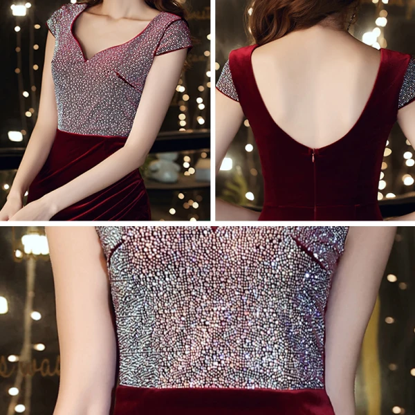 Sexy Bordeaux Velour Robe De Soirée 2021 Trompette / Sirène V-Cou Sans Manches Faux Diamant Fendue devant Longue Volants Dos Nu Robe De Ceremonie