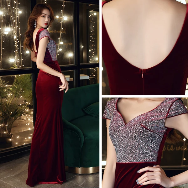 Sexy Bordeaux Velour Robe De Soirée 2021 Trompette / Sirène V-Cou Sans Manches Faux Diamant Fendue devant Longue Volants Dos Nu Robe De Ceremonie