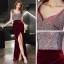 Sexy Bordeaux Velour Robe De Soirée 2021 Trompette / Sirène V-Cou Sans Manches Faux Diamant Fendue devant Longue Volants Dos Nu Robe De Ceremonie