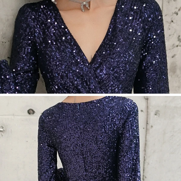 Glitzernden Marineblau Pailletten Abendkleider 2021 Meerjungfrau Tiefer V-Ausschnitt Geschwollenes Lange Ärmel Schleife Stoffgürtel Gespaltete Front Lange Festliche Kleider
