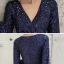 Glitzernden Marineblau Pailletten Abendkleider 2021 Meerjungfrau Tiefer V-Ausschnitt Geschwollenes Lange Ärmel Schleife Stoffgürtel Gespaltete Front Lange Festliche Kleider