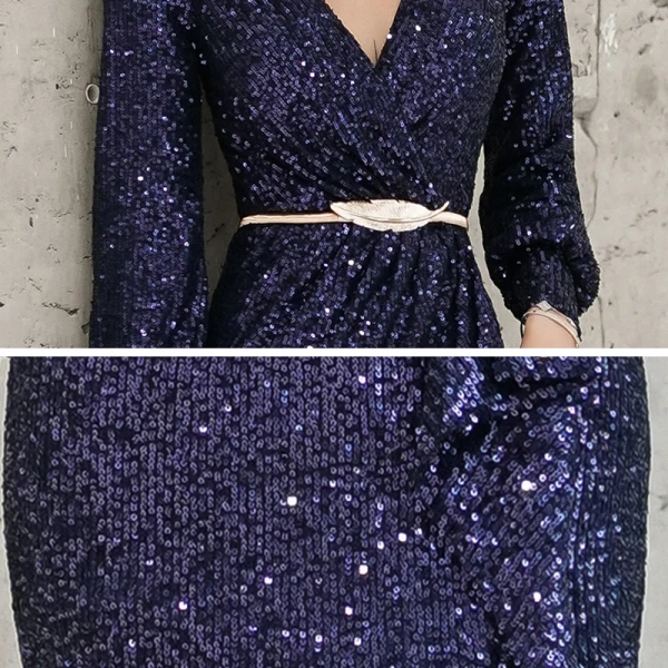 Glitzernden Marineblau Pailletten Abendkleider 2021 Meerjungfrau Tiefer V-Ausschnitt Geschwollenes Lange Ärmel Schleife Stoffgürtel Gespaltete Front Lange Festliche Kleider