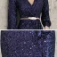 Glitzernden Marineblau Pailletten Abendkleider 2021 Meerjungfrau Tiefer V-Ausschnitt Geschwollenes Lange Ärmel Schleife Stoffgürtel Gespaltete Front Lange Festliche Kleider
