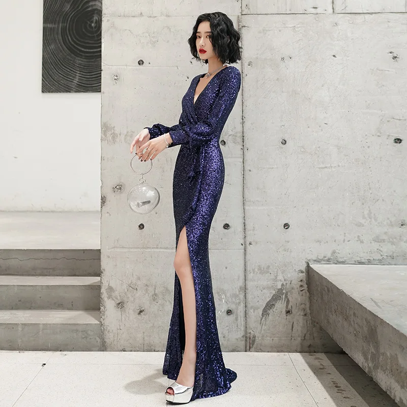 deep blue evening dress Shiny A Line V Neck Navy Blue Backless Prom Dresses, Open Back Navy Bl –  jbydress main image 1