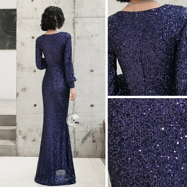 Glitzernden Marineblau Pailletten Abendkleider 2021 Meerjungfrau Tiefer V-Ausschnitt Geschwollenes Lange Ärmel Schleife Stoffgürtel Gespaltete Front Lange Festliche Kleider