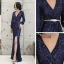Glitzernden Marineblau Pailletten Abendkleider 2021 Meerjungfrau Tiefer V-Ausschnitt Geschwollenes Lange Ärmel Schleife Stoffgürtel Gespaltete Front Lange Festliche Kleider