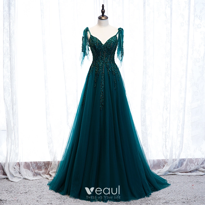 Best Dark Green Prom Dresses 2021 A Line Princess Spaghetti Straps  Sleeveless Appliques Lace Beading Floor Length Long Ruffle Backless Formal  Dresses
