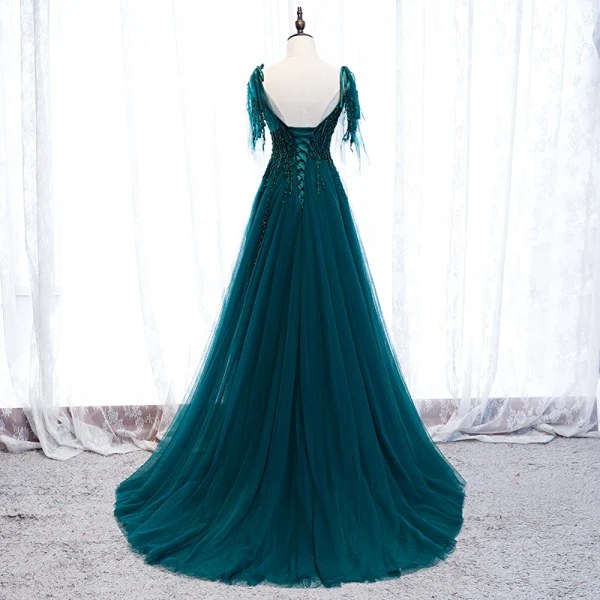 Best Dark Green Prom Dresses 2021 A-Line / Princess Spaghetti Straps Sleeveless Appliques Lace Beading Floor-Length / Long Ruffle Backless Formal Dresses