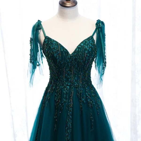 Best Dark Green Prom Dresses 2021 A-Line / Princess Spaghetti Straps Sleeveless Appliques Lace Beading Floor-Length / Long Ruffle Backless Formal Dresses