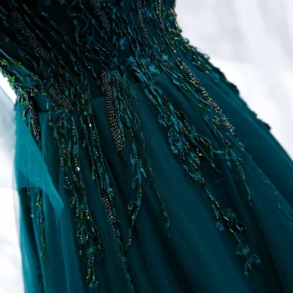 Best Dark Green Prom Dresses 2021 A-Line / Princess Spaghetti Straps Sleeveless Appliques Lace Beading Floor-Length / Long Ruffle Backless Formal Dresses