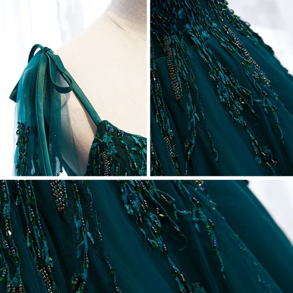 Best Dark Green Prom Dresses 2021 A-Line / Princess Spaghetti Straps Sleeveless Appliques Lace Beading Floor-Length / Long Ruffle Backless Formal Dresses
