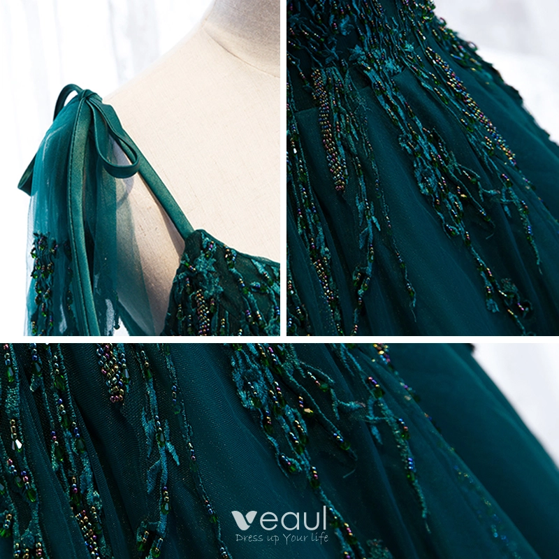 Best Dark Green Prom Dresses 2021 A Line Princess Spaghetti Straps  Sleeveless Appliques Lace Beading Floor Length Long Ruffle Backless Formal  Dresses